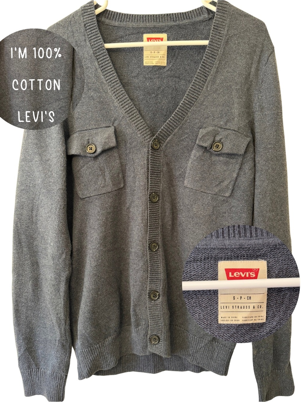 Levi’s Men’s Cardigan Size S Grey Button Down 100% Cotton Cardigan Mens Sweater